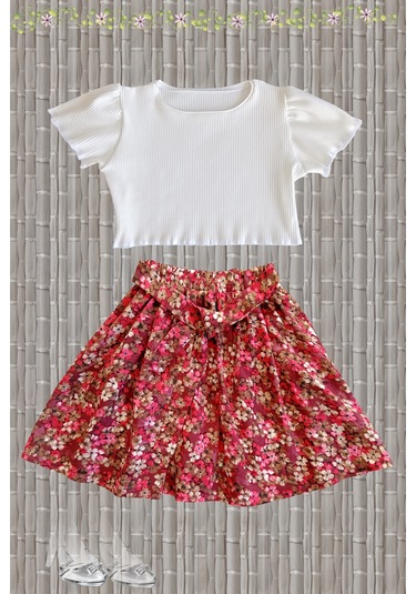 Çocuk Etekli Crop Takım, Çiçekli Etek - Ekru Crop Ekru-çiçekli2 Ekru
