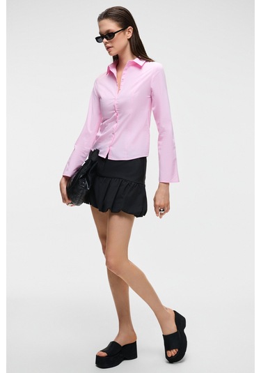 GRINNE Kadın Slim Gömlek Yaka Uzun Kollu İnce Uzun Pembe Gömlek