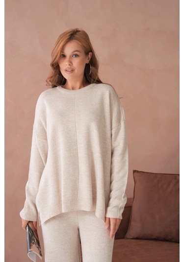 Kadın Bisiklet Yaka Yırtmaçlı Kazak Pantolon İkili Triko Takım Taş