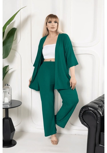 Bürümcük Kumaş Kimono Hırka Alt-üst Takım M-6xl Yeşil