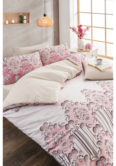 Tabea Home Soft Dreams Serisi Rose Çift Kişilik Pamuklu Desenli Nevresim Takımı Lastikli Çarşaflı Pudra