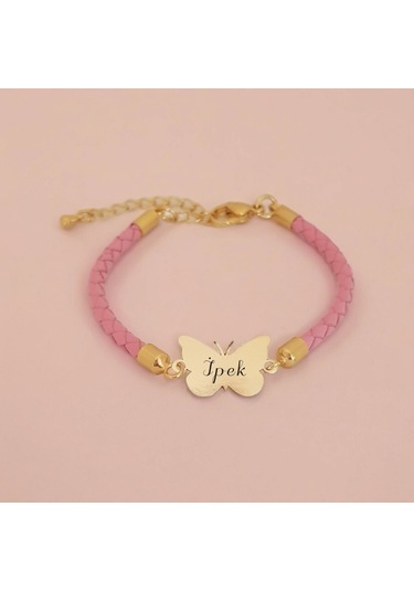 Archin İpek İsmine Özel Kelebek Motifli 14 Ayar Altın Plakalı Doğal Pembe Derili Hediye Bileklik-429isim İpek