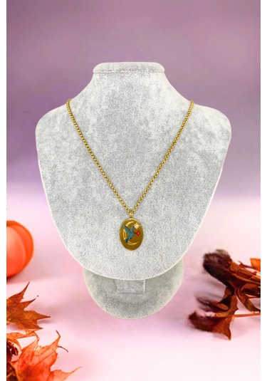 Gold Renkli Kuş Motifli Zirkon Taşlı Çelik Kolye Altın