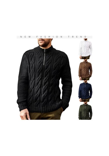 Erkek Sonbahar Ve Kış Düz Renk Fermuarlı Uzun Kollu Kazak Kahverengi