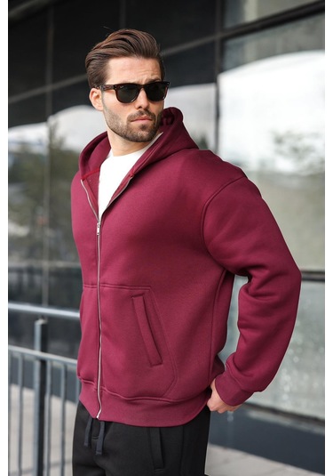 Madmext Bordo Fermuarlı Kapüşonlu Erkek Hırka E7174 Bordo