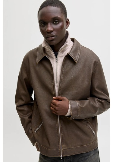 Jack & Jones Erkek Jjecasablanca Deri Ceket 12278839 Kahverengi Kahverengi