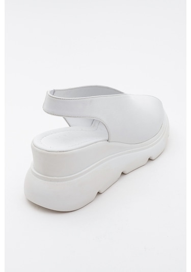 Sam Beyaz Cilt Hakiki Deri Kadın Dolgu Topuk Sandalet Beyaz