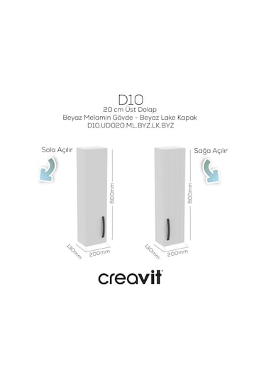 D10 20 Cm Sol Üst Dolap Beyaz Melamin Gövde Lake Kapak Mat Beyaz