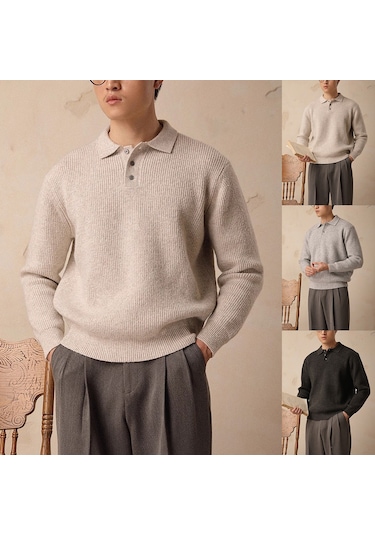 Erkek Sonbahar/kış Yakalı Örgü Kazak Gri