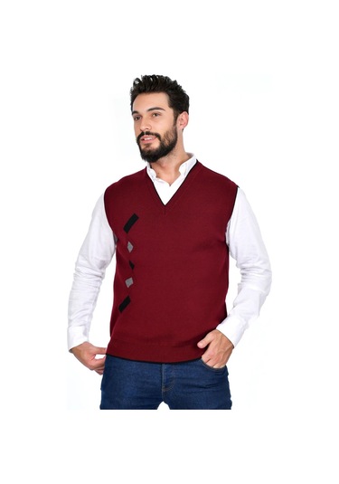 Kamalı Bordo Erkek Çelik Örgü Kışlık Kalın Triko V Yaka Triko Örgü Tüylenmez Süveter Bordo