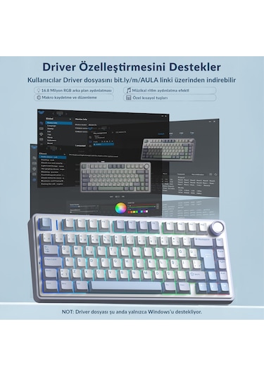 Aula F75 Mekanik Rgb Tkl Graywood V4 Switch Kablosuz Makrolu Hot Swap Türkçe Q Klavye Buz Mavisi