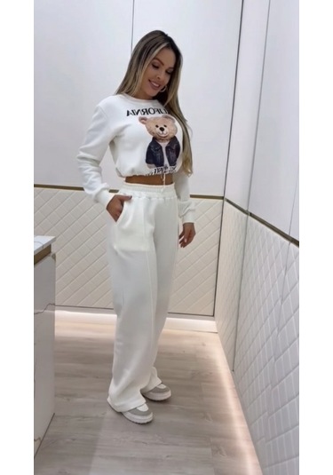 S-pazarım Kadın Uzun Kollu Bisiklet Yaka Desenli Iki Iplik Şardonlu Bluz Ve Pantolon Ikili Takım Beyaz