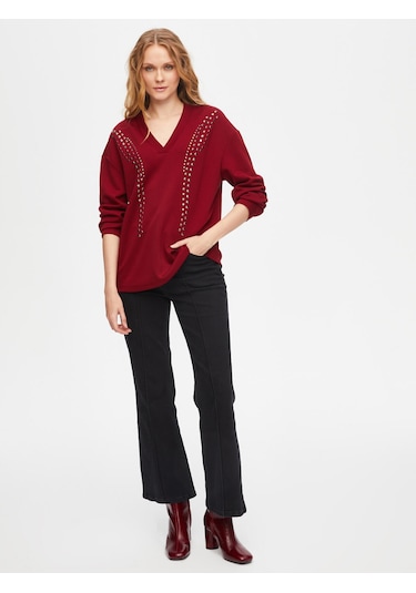 Önü Trok Taşlı V Yaka Sweatshirt 69509 U6950940 Bordo