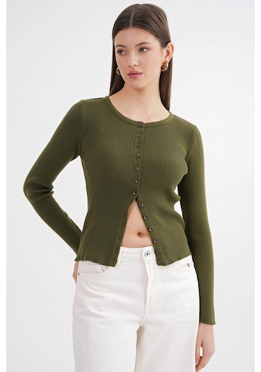 6931 Kadın Düğmeli Fitilli Triko Hırka Haki Haki