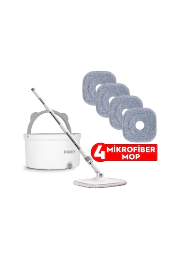 Pony Beyaz 4 Adet Mikrofiber Mop Temiz & Kirli Suyu Ayırma Özelliği Otomatik Temizlik Seti Paspas