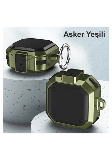 Samsung Galaxy Buds Core Uyumlu Kılıf Darbeye Dayanıklı Sert Koruyucu + Askılık Haki Yeşil