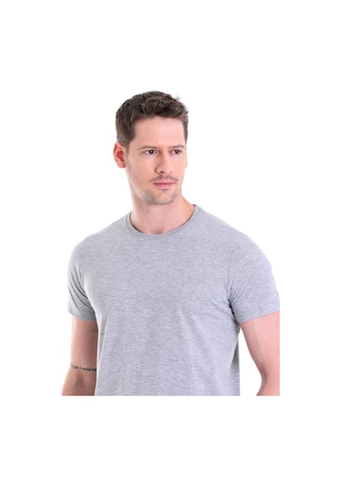 Hatemoğlu Regular Fit Pamuk Bisiklet Yaka Düz Erkek Tişört Gri Melanj Gri