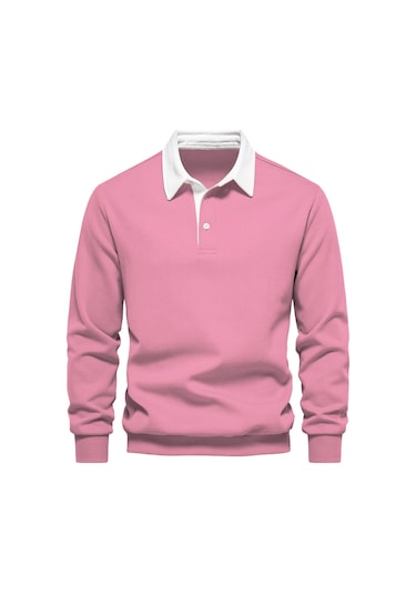 Ghassy Co. Erkek Retro Renk Bloklu Pamuklu Gömlek Yaka Sweatshirt Pembe