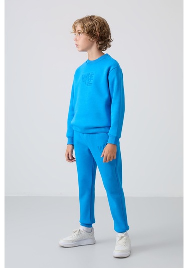 Tommy Life Saks Pamuklu Kalın İçi Tüylü Yumuşak Dokulu Standart Fit Baskılı Erkek Çocuk Eşofman Takım - 11253 Saks Mavisi