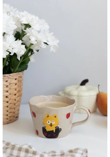 Perex Kedi Figürlü Kupa, Seramik Kupa, Kalp Desenli Kupa 312703845 Bej