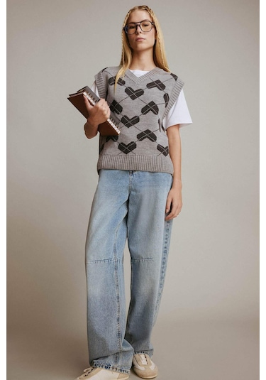 Defacto Coool Regular Fit V Yaka Desenli Süveter F9541ax25augr256 Gri