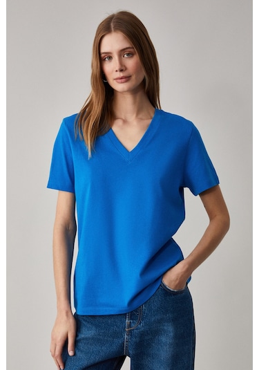 ALINE Kadın %100 organik Pamuk Derin V Yakalı Comfort Fit Parlament Mavi T-Shirt