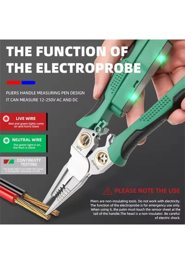 Geeksen 8-in-1 Elektrikçi Pense: Paslanmaz Çelik, Anti Kayma, Kablolu İstriyici, Kesici Ve Voltaj Testeri - Gri