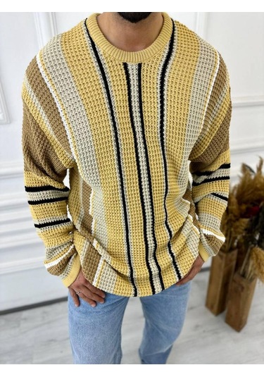 Kazak Oversize Renkli Örgü Desenli Naturel Pamuk Bol Kesim Salaş Triko Kazak Taba