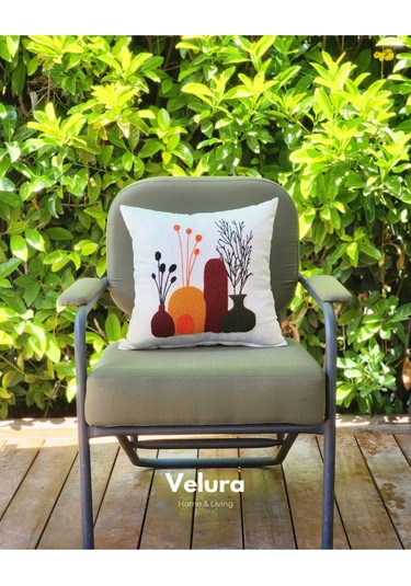 Dekoratif Kırlent & Pinterest Kırlent & Keten Kumaş - Nakış İşleme & A16 Turuncu - Yeşil - Krem