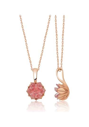 Rose Altın Kaplama Pembe Lotus Çiçeği Kadın Kolye Yüzük  Set Pembe