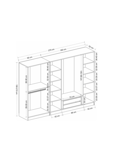 Minar Kale 6 Bölmeli 2 Çekmeceli Giyinme Dolabı Beyaz 190cm Beyaz