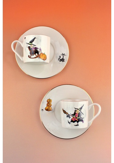Halloween Altın Yaldızlı İki Kişilik Kahve Fincan Takımı Beyaz
