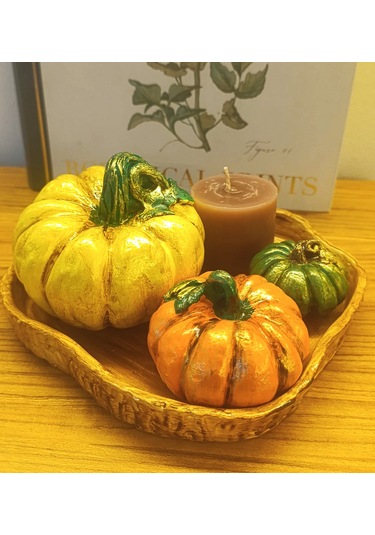 Kabak Figürlü Dekor Seti Doğal Masa Süsleri-kabak & Mum Seti-biblo Dekoratif Tepsili Set B. Boy Sarı Tepsili Set