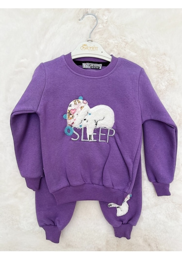 Kedi Desenli Üç İplik Takım Mor