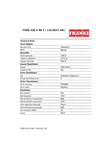 Franke FSDR 330 V NE F 318 LT Tek Kapılı Ankastre Buzdolabı