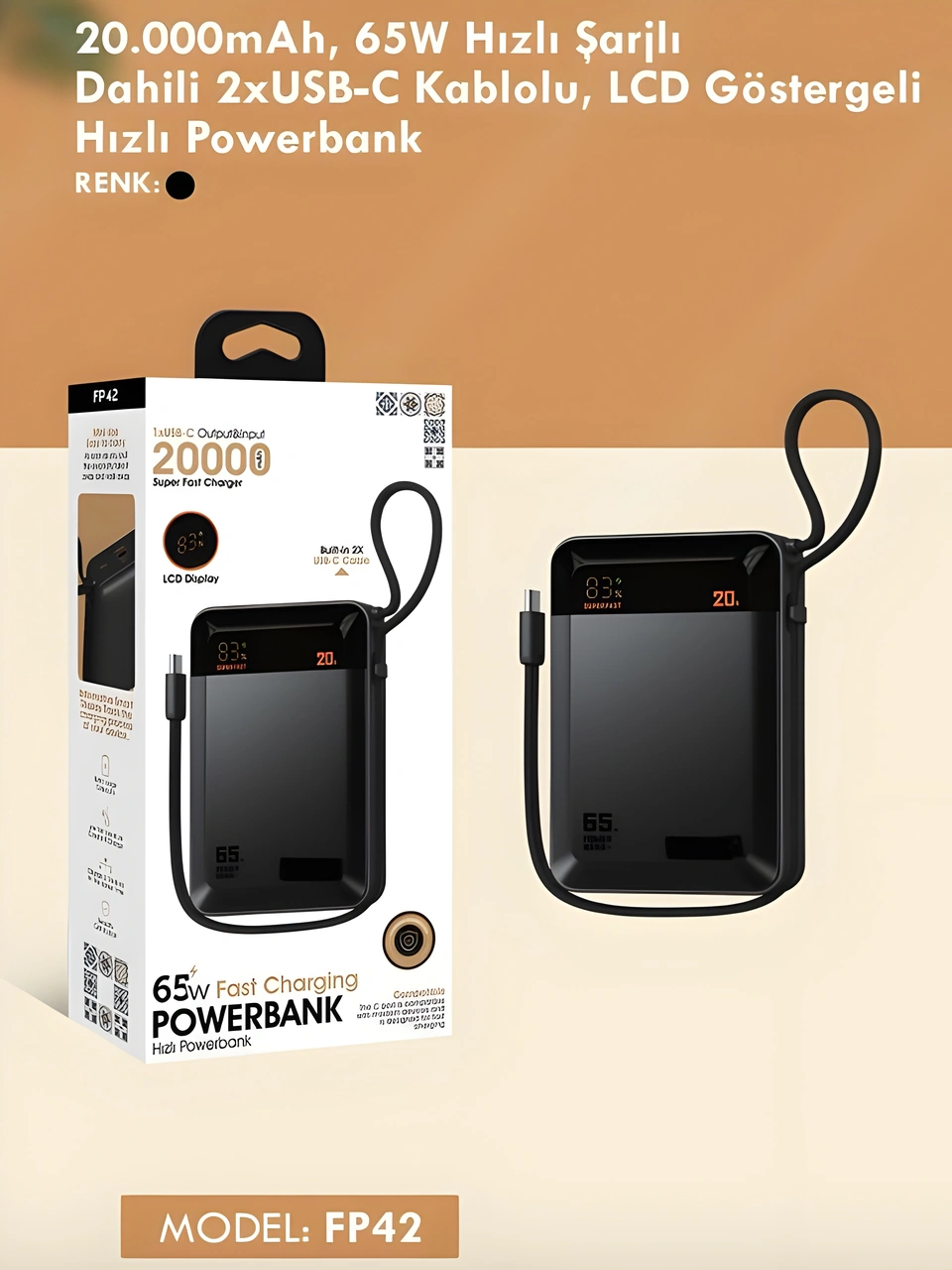 20000mah 65w Hızlı Şarj Dijital Göstergeli Type-c Kablolu/girişli Askılı Powerbank - Siyah siyah
