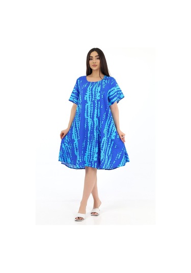 Schık Kadın Viskon Yarım Kol Kare Yaka Elbise Mavi Mavi