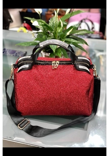 Sentt Parlak Süet Simli Taşlı Çanta-Kırmızı