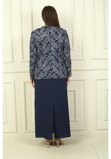 Yakası Boncuk Nakışlı Uzun Elbise Boncuk Pul Nakışlı Ceket Astarlı Büyük Beden 2'li Takım-38926 Lacivert