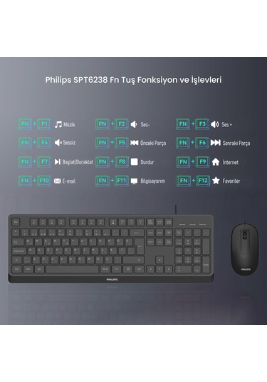 Philips SPT6238 Kablolu Türkçe Q Klavye ve Mouse Seti Siyah