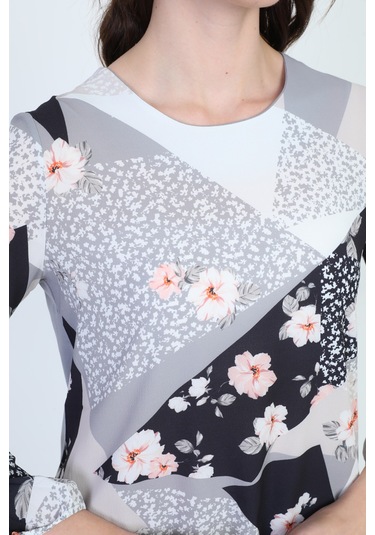 Ella Camelia Kadın Uzun Kollu Çiçek Desenli Bluz 18E081 Gri