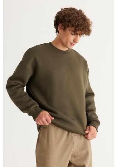 AC&Co / Altınyıldız Classics Erkek Hakı Oversize Fit Bol Kesim Pamuklu İçi Polarlı Bisiklet Yaka Sweatshirt Haki