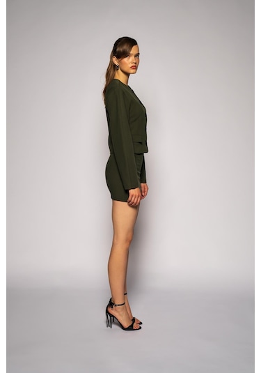 Kadın Açık Haki Balon Kol Crop Blazer Açık Haki