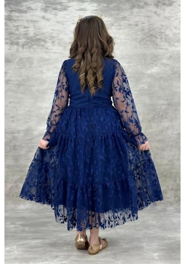 Dantel Yapraklı Kız Çocuk Uzun Abiye Elbise 11 - 14 Yaş 001