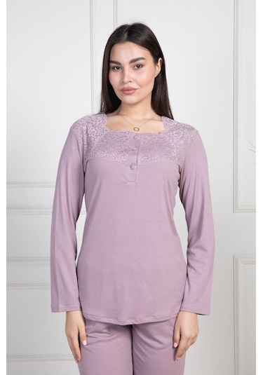 Mecit 6104 Bayan Gül Kurusu Büyük Beden Uzun Kollu Pijama Takımı Gülkurusu