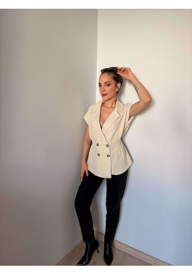 Ali Butik Naturel Renk Kruvaze Keten Yelek Naturel