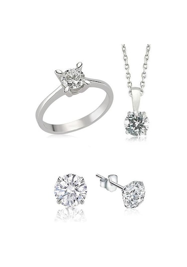 Tek Taş Gümüş Kolye Küpe Ve Yüzük Seti Ags02