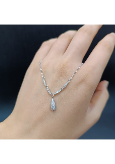 925 Ayar Gümüş Zirkon Taşlı Su Damlası Model Kadın Kolye-şık Tasarım - 42 Cm +5cm Gümüş