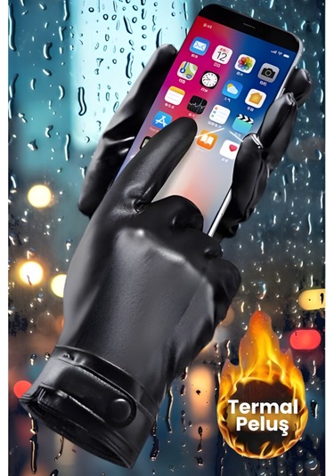 Erkek Kalın İçi Polar Lüks Model Kalın Deri Eldiven Kar Eldiveni Siyah