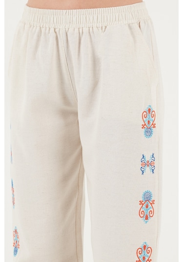 Lela Bohem Işlemeli Keten Ve Pamuk Karışımlı Şalvar Bayan Pantolon 5865050 Bej-Oranj